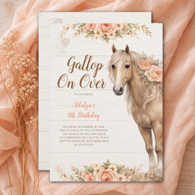 Flicka Fersken Blommig Häst 8-årsdag Inbjudningar (Skapare uppladdad)