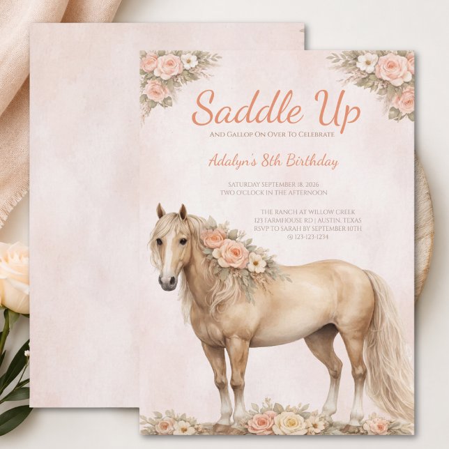 Flicka Fersken Blommig Häst 8-årsdag Inbjudningar (Skapare uppladdad)
