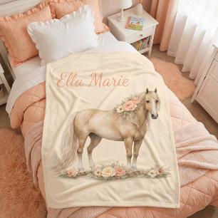 Flicka Ferskt Häst Ros Monogram Namn  Fleecefilt
