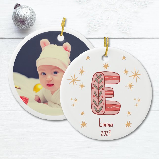 Flicka First jul med Initial E Julgransprydnad Keramik (Baby Girl's First Christmas with Initial E Ceramic Ornament)