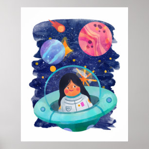 Flicka Flygande Tallrik Astronaut Yttre Rymden Pla Poster