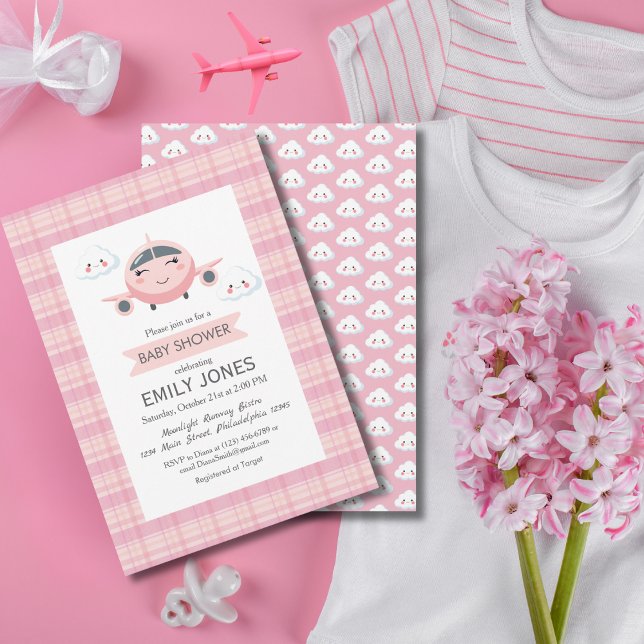 Flicka Flygplan Moln Söt Bebis Baby Shower Rosa Gr Inbjudningar (Skapare uppladdad)