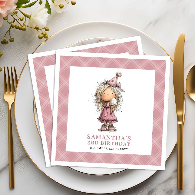 Flicka Födelsedag Nyckfull Rolig Excentrisk Rosa Pappersservett (Girl 10th Birthday Whimsical Funny Quirky Pink Napkins)