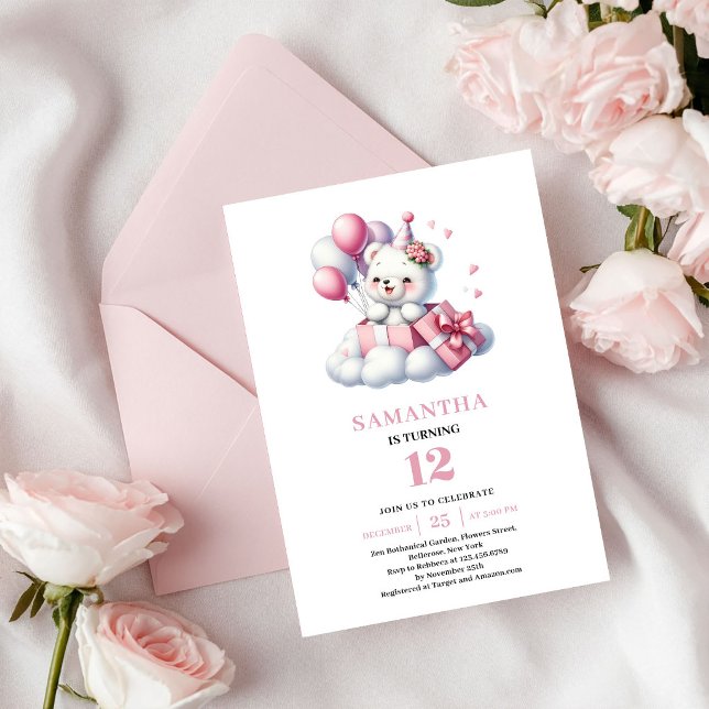 Flicka Födelsedag Teddybjörn Rosa Elfenben Festinb Inbjudningar (Girl Birthday Teddy Bear Pink Ivory Party Invite)