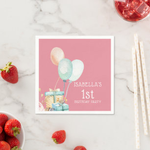Flicka Födelsedagsballonger Rosa blommor & Fjädrar Pappersservett
