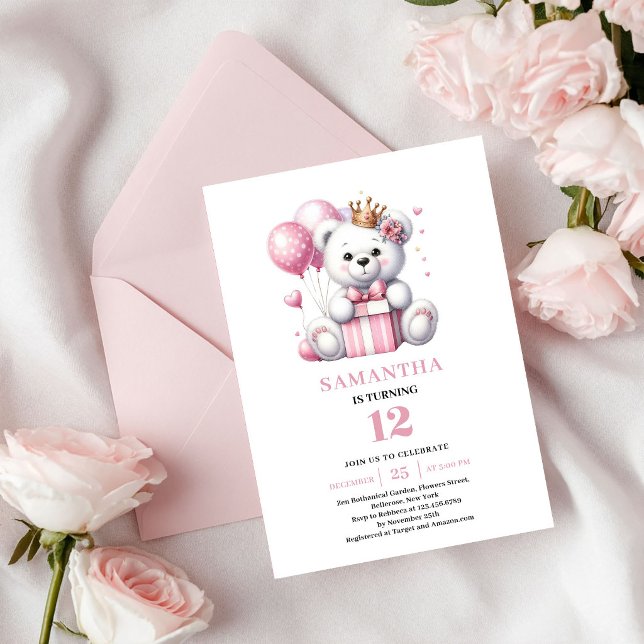 Flicka Födelsedagsfest Inbjudan Teddybjörn Ballong (Girl Birthday Party Invite Teddy Bear Balloons)