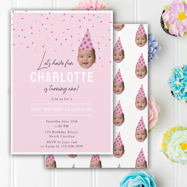 Flicka Födelsedagsinbjudan 1:a födelsedag Baby Ans Inbjudningar (Girl Birthday Invite 1st Birthday Baby Face Photo)