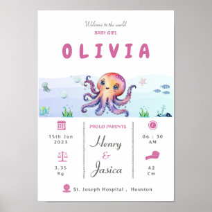 Flicka, födelsestatus, vattenlevande tema Nursery  Poster