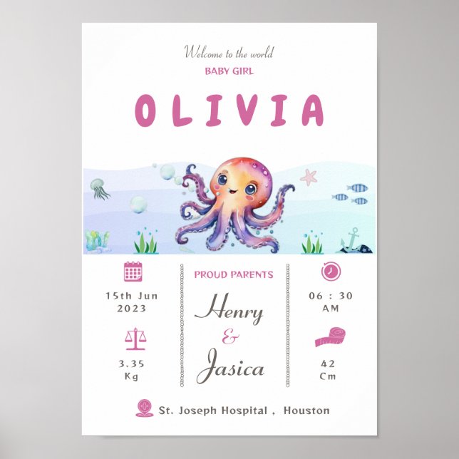 Flicka, födelsestatus, vattenlevande tema Nursery  Poster (Framsidan)