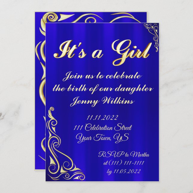 Flicka födelsetal Firande Guld och Blå Inbjudningar (Fram/baksida)