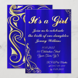 Flicka födelsetal Firande Guld och Blå Inbjudningar