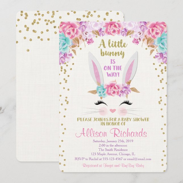 Flicka för babyduschinbjudan till Bunny påsk Inbjudningar (Fram/baksida)