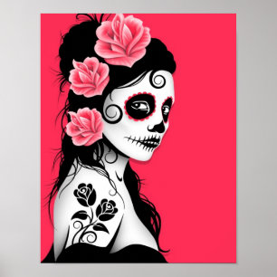 Flicka för day of the deadsockerskalle - rosa poster