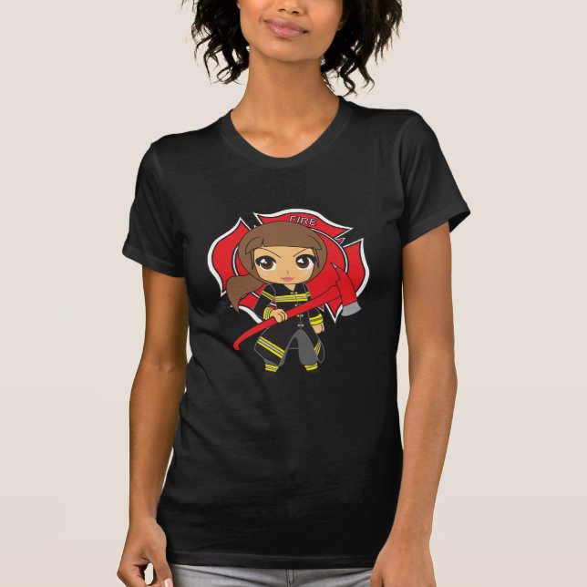 Flicka för Kawaii brunettbrandman - anpassade T Shirt (Framsida)