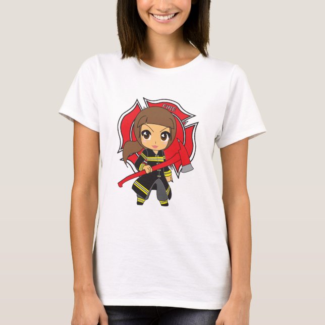 Flicka för Kawaii brunettbrandman - anpassade Tee (Framsida)