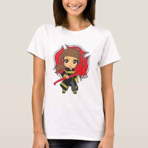 Flicka för Kawaii brunettbrandman - anpassade Tee Shirt