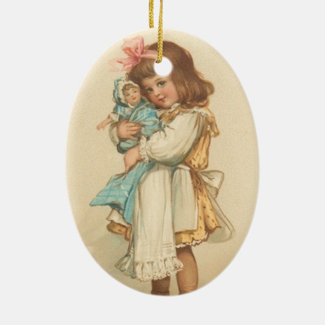 Flicka för vintagejulhälsningar med dockan julgransprydnad keramik (Baksidan)