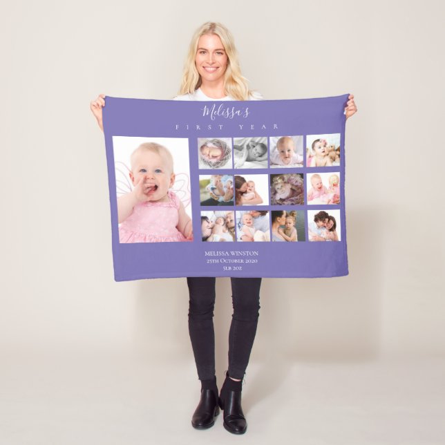 Flicka första året Fotokollage Lila Cute Fleecefilt (På plats)