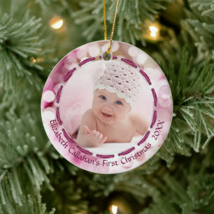 Flicka Första jul, Rosa Bokeh, två foton Julgransprydnad Keramik