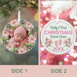 Flicka första julfoto Rosa Poinsettias Julgransprydnad Keramik