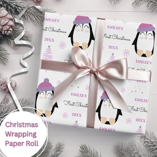 Flicka Första julvinter Penguin Rosa Presentpapper (Skapare uppladdad)