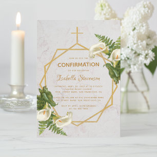 Flicka Första Kommunion Blommig Guld Marmor Kallal Inbjudningar