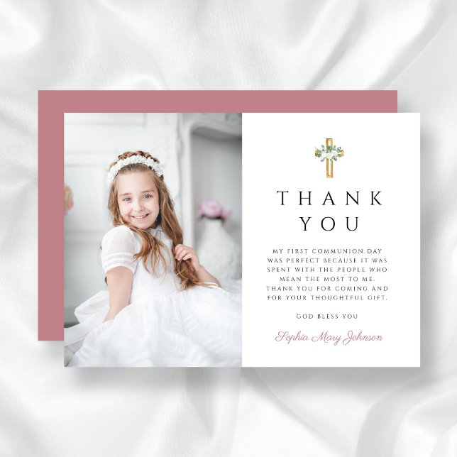 Flicka Första Kommunion Blommig Kors Foto Tack Kort (Girl First Communion Floral Cross Photo Thank You Card)