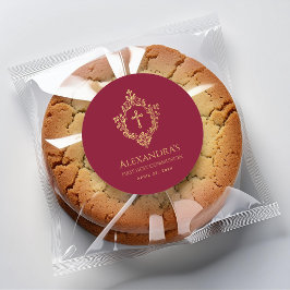 Flicka Första Kommunion Burgunder Guld Krön Religi Runt Klistermärke