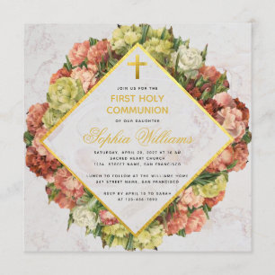 Flicka Första Kommunion Nejlikor Guld Kors Blommor Inbjudningar