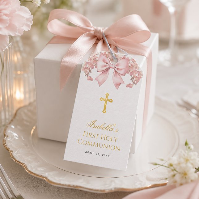 Flicka Första Kommunion Rosa Blommig Slinga & Guld Presentetikett (Skapare uppladdad)