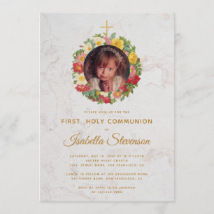 Flicka Första Kommunionen Foto Rosenkranz Marmor Inbjudningar