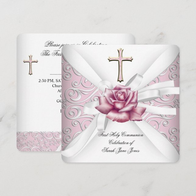 Flicka Första Nattvarden Damask Rosa Ros Vit 2 Inbjudningar (Fram/baksida)
