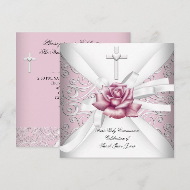 Flicka Första Nattvarden Damask Rosa Ros Vit Inbjudningar (Fram/baksida)