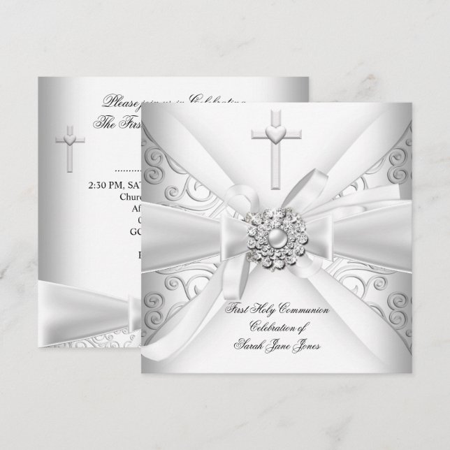 Flicka Första Nattvarden Damask Vit Silver Inbjudningar (Fram/baksida)