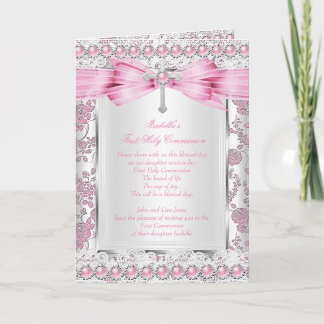 Flicka Första Nattvarden Kors Damask Rosa Silver Inbjudan (Framsida)