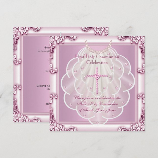 Flicka Första Nattvarden Rosa Slöja Rosa Kors Inbjudningar (Fram/baksida)
