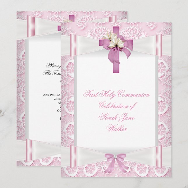 Flicka Första Nattvarden Rosa Spetsbåge Vit 4 Inbjudningar (Fram/baksida)