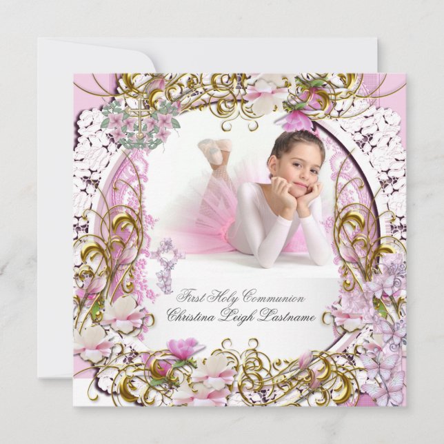 Flicka Första Nattvarden Spets Rosa Guld Foto Inbjudningar (Framsida)