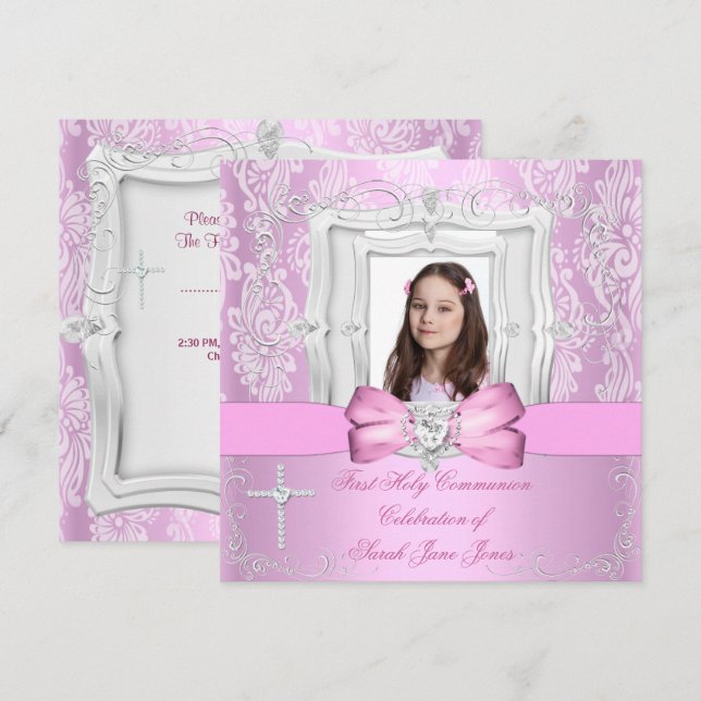 Flicka Första Nattvarden Vacker Rosa Foto Inbjudningar (Fram/baksida)