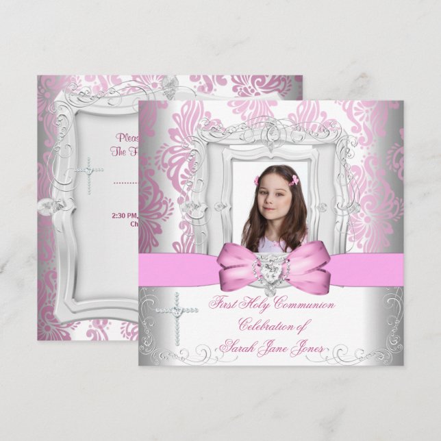 Flicka Första Nattvarden Vit Rosa Foto Inbjudningar (Fram/baksida)