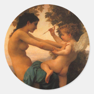 Flicka försvarar sig mot Cupid av Bouguereau Runt Klistermärke
