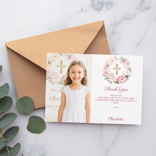 Flicka foto rosa blommor kors första kommunion tack kort