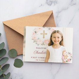Flicka foto rosa blommor kors första kommunion  tack kort
