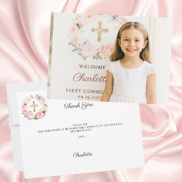 Flicka foto rosa blommor kors första kommunion  tack kort