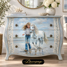 Flicka går vit häst Strand bondgård decoupage