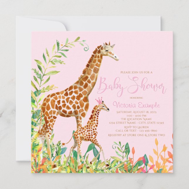 Flicka Giraff Bebis Shower Inbjudningar (Framsida)
