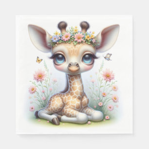 Flicka Giraffe med Rosa Flowers Pappersservett
