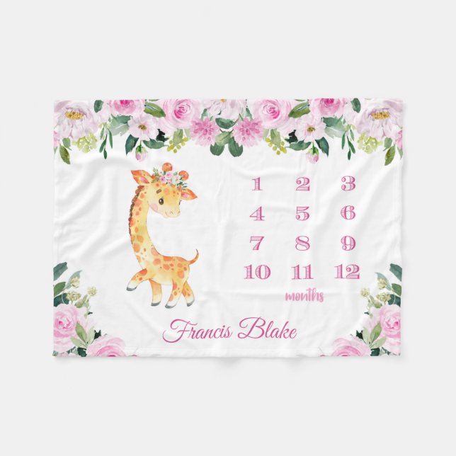Flicka Giraffe Milestone Blanket med Namn Fleecefilt (Framsidan (Horisontell))