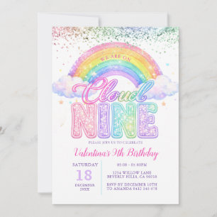 Flicka Glitter Regnbåge Pastell Cloud Nine Födelse Inbjudningar