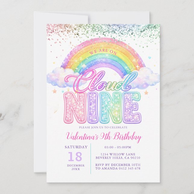 Flicka Glitter Regnbåge Pastell Cloud Nine Födelse Inbjudningar (Framsida)